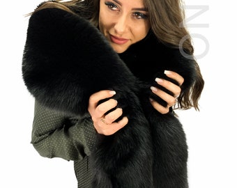 Fox Fur Stole 70' (180cm) Saga Furs Boa Collar Jet Black Color Fur Wrap