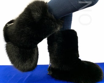Double-Sided Fox Fur Boots For Outdoor Big Foot Boots Jet Black Inside & Outside All In Fur