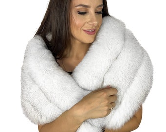 Extra Wide Fox Fur Shawl Saga Furs Big Fur Wrap 47' (120cm) Natural White Fur Color Stole With Leather Stripes