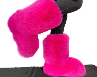 Double-Sided Arctic Fox Fur Boots Pink Color For Outdoor & Indoor Arctic Boots Lined In Fur