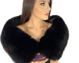 Finn Fox Fur Shawl 47' (120cm) With Detachable Ribbon Saga Furs Collar Wrap Jet Black Color