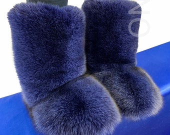 Double-Sided Fox Fur Boots For Outdoor Arctic Boots Blue Color Fur Lining