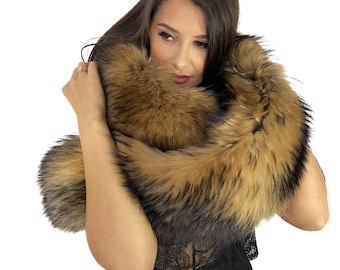 Extra Long Raccoon Fur Stole 78' (200cm) Natural Color Fur Collar Saga Furs Big Scarf Fur Boa