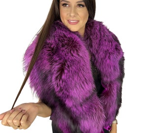 Extra Wide Silver Fox Fur Shawl - Stole 47' (120cm) Royal Purple Fur Collar Saga Furs Big Fur Wrap