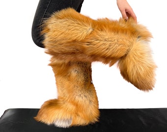 Double-Sided Gold Fox Fur Boots For Indoor & Outdoor Knee High Natural Colors Fur Inside And Outside Saga Furs Shoes