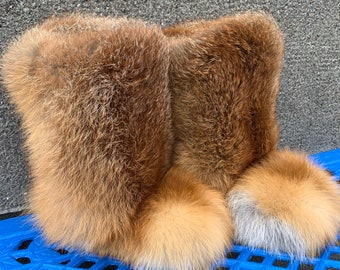 Red Fox Fur Boots For Outdoor Natural Colors Fur Inside & Outside All In Fur - Double-Sided Fur