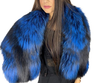 Extra Wide Silver Fox Fur Shawl - Stole 47' (120cm) Royal Blue Fur Collar Saga Furs Royal Wrap