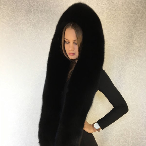 Unique All Fur Jet Black Fox Fur Hooded Stole 70' Hood and Collar In One Item