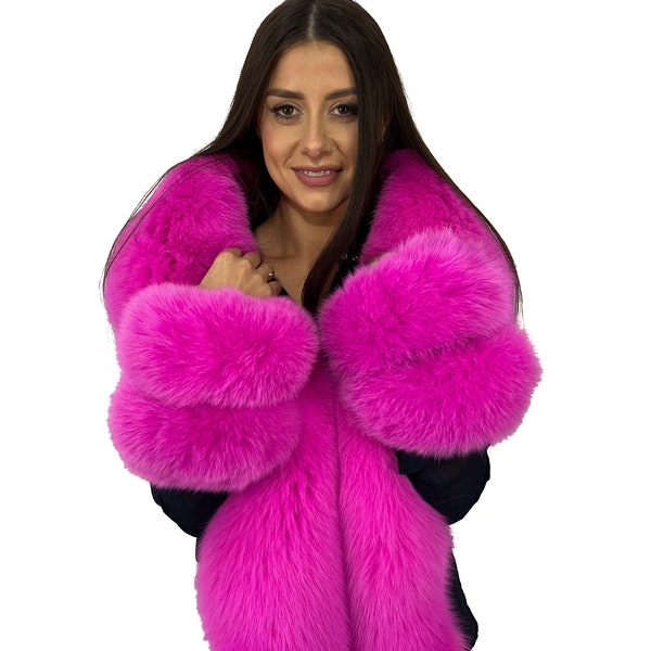 Étole en fourrure de renard arctique très grande taille 78' (200 cm) + 4 queues / poignets Saga Furs Boa rose fuschia grand col