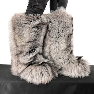 Double-sided Silver Fox Fur Boots for Outdoor Knee High Natural Colors ...