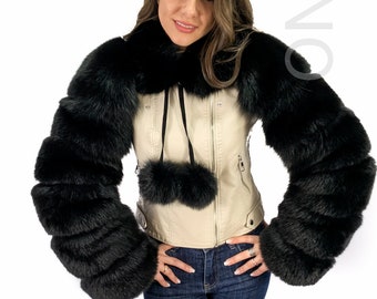 Jet Black Fox Fur Arm Sleeves With Scarf to Keep Them in Place