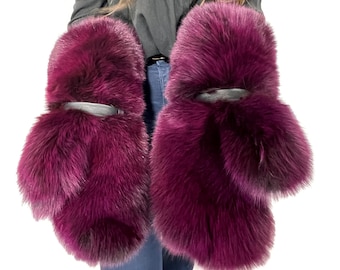 Mitaines en fourrure de renard géant, couleur bordeaux, Version longue, gants d'hiver en fourrure complète pour femmes