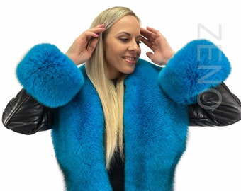 Finn Fox Fur Collar 70' (180cm) With Wristbands / Headband Saga Furs Shawl Wrap Turquoise