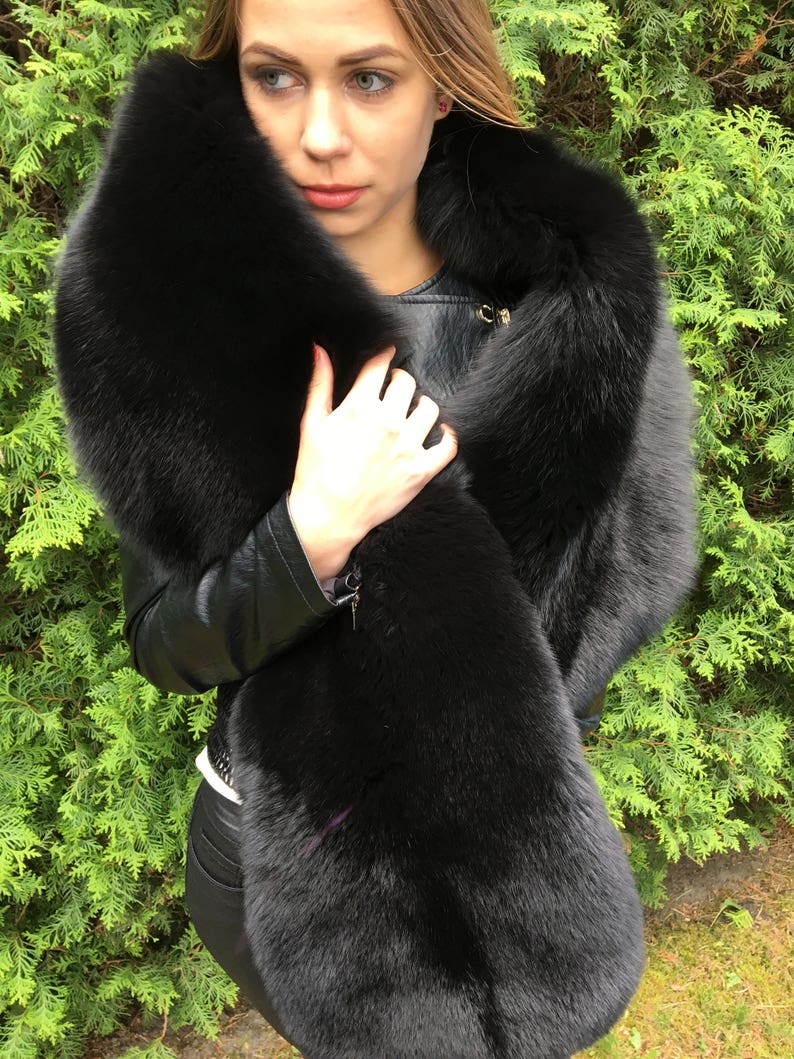 Double-Sided Black Fox Fur Stole 70' And Full Fur Hat Set Saga Furs 画像 6