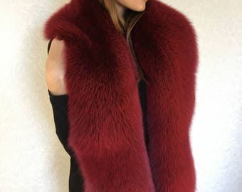 Finn Fox Fur Stole Saga Furs Royal Collar Burgundy Color 70' (180cm)