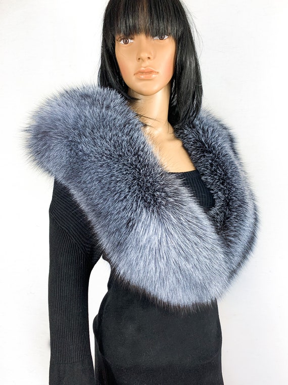 Finland Fox Fur Shawl 47 Inch. (120cm) Black Fox Fur Boa Stole Collar 