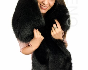 King Size Fox Fur Stole 78' (200cm) Saga Furs Boa Jet Black Big Fur Collar