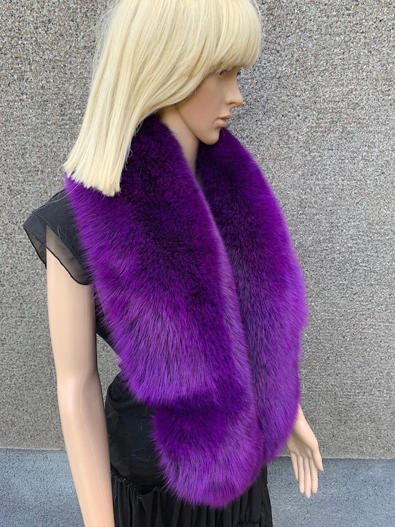 Purple Blue Fox Fur Fancy Collar Scarf Stole