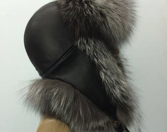 Chapeau de trappeur en fourrure de renard argenté avec cuir pour homme : 57-59 cm (22,5-23' pouces)