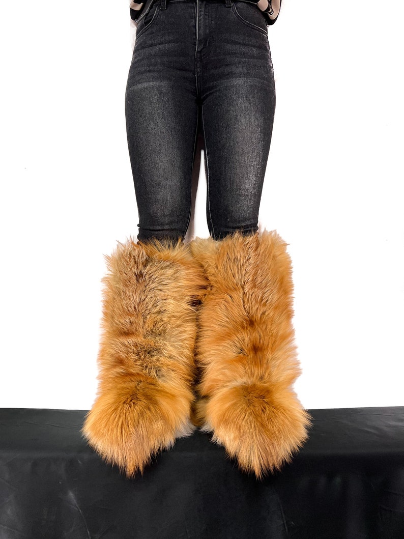 Double-Sided Gold Fox Fur Boots For Indoor & Outdoor Knee High Natural Colors Fur Inside And Outside Saga Furs Shoes image 4