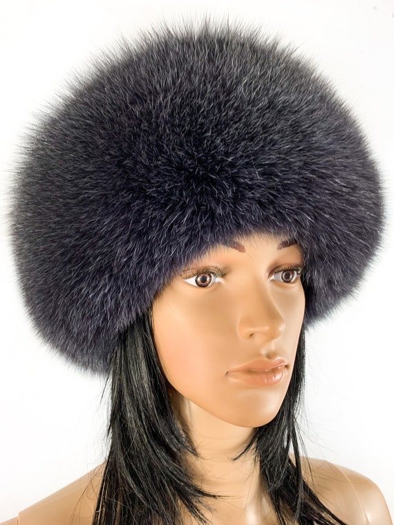 Saga Furs Granite Gray Fox Fur & Black Suede Leather Women's Winter Roller Hat