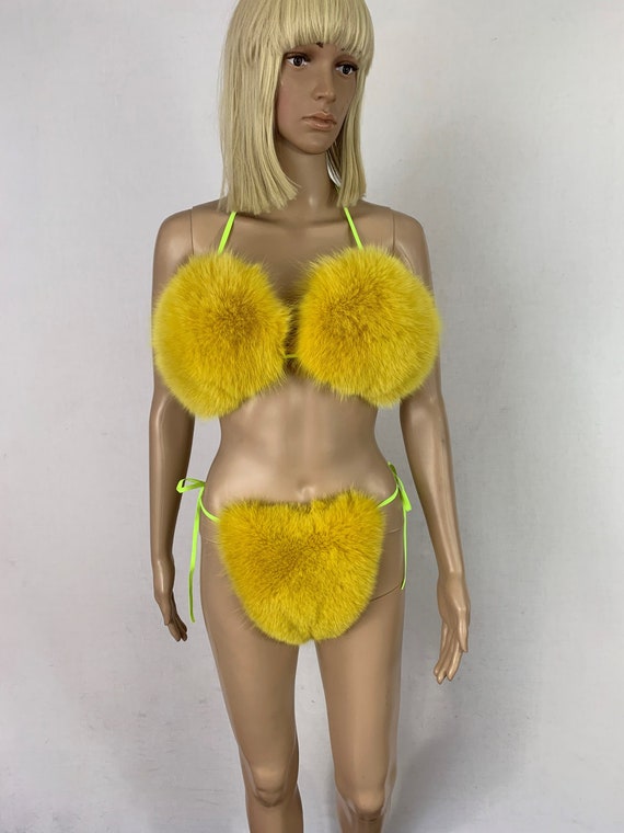 Women Fur Bra Set Woman Fluffy Furry Slides Fur Bikini Fluffy Boa