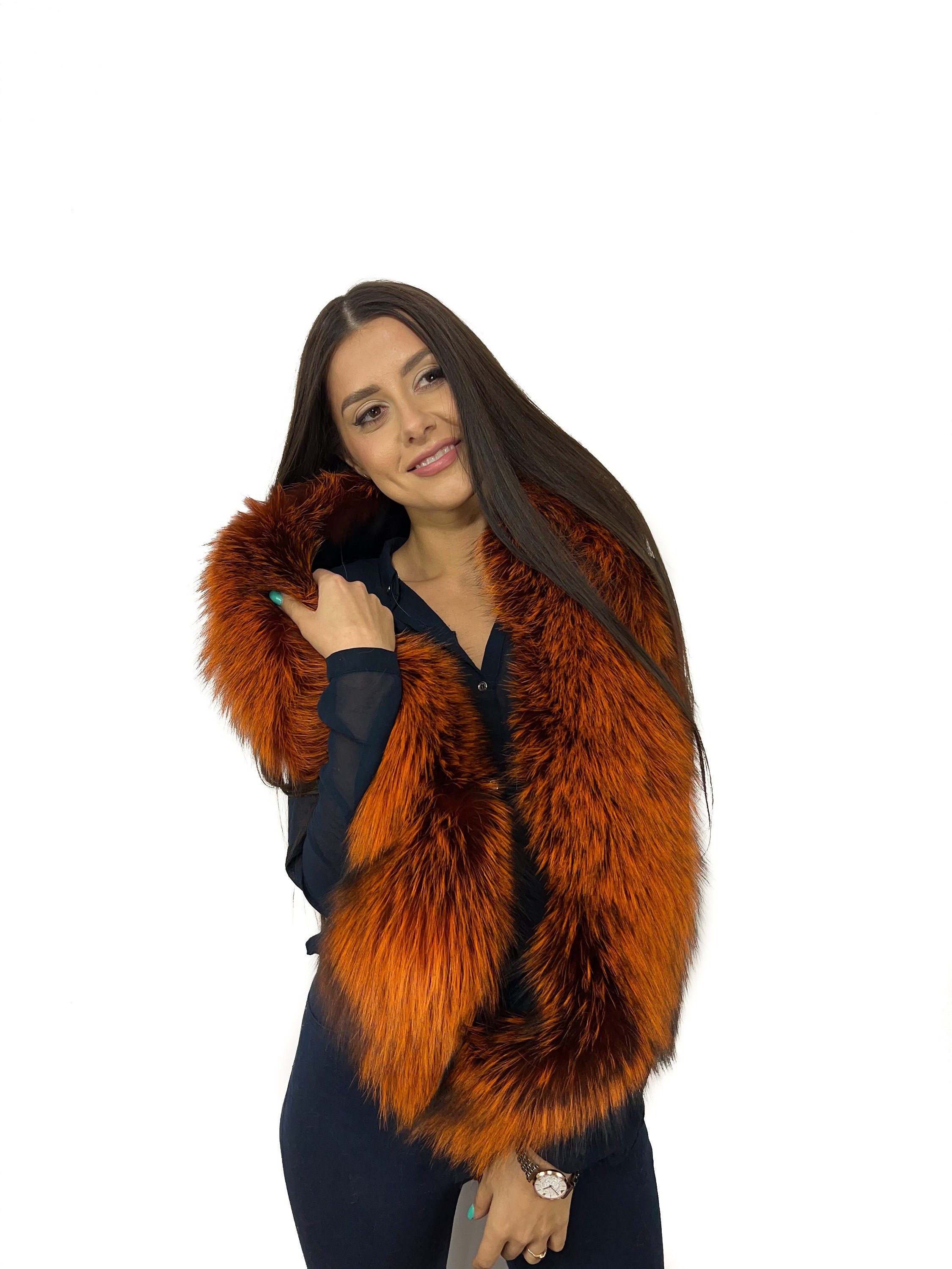 Finland Fox Fur Shawl 47 Inch. (120cm) Black Fox Fur Boa Stole Collar 