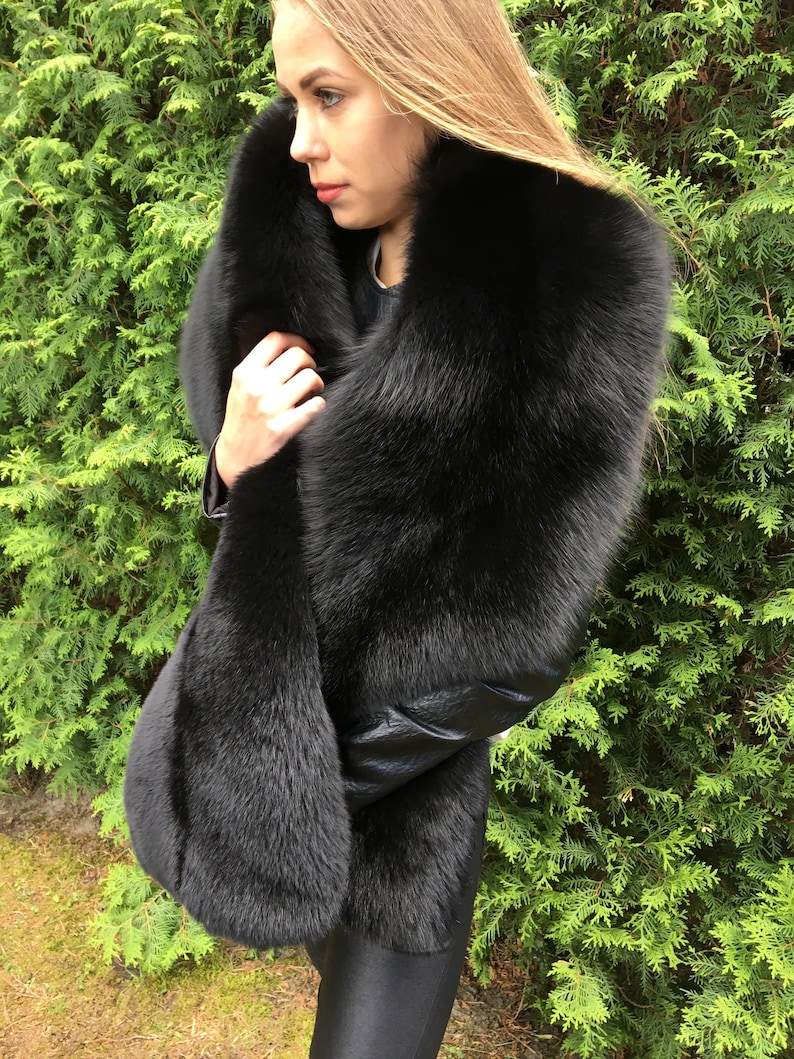 Double-Sided Black Fox Fur Stole 70' And Full Fur Hat Set Saga Furs imagem 5