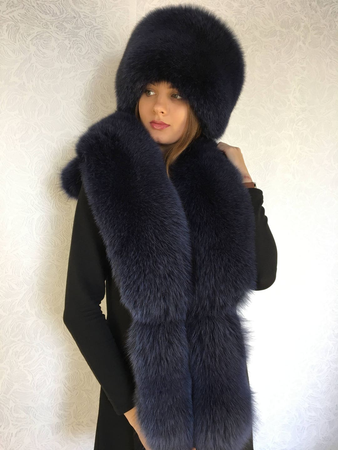 Blue Fox Fur Collar 50' Full Fur Hat Dark Blue Fur Set - Etsy