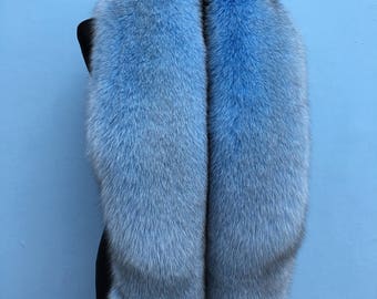 Finland Fox Fur Stole 70' (180cm) Saga Furs Boa Collar Bright Light Blue