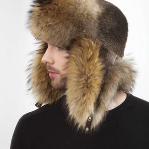 Raccoon and Sheared Beaver Fur Trapper Hat For a Men's Regular size Aviator Hat 22.5 23' Inch image 1