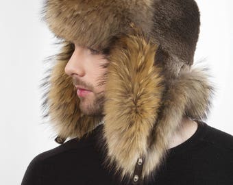 Raccoon and Sheared Beaver Fur Trapper Hat For a Men's Regular size Aviator Hat 22.5 - 23' Inch