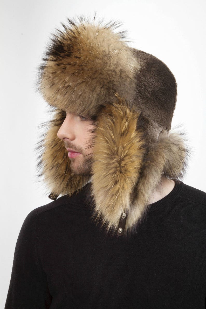 Raccoon and Sheared Beaver Fur Trapper Hat For a Men's Regular size Aviator Hat 22.5 23' Inch image 1