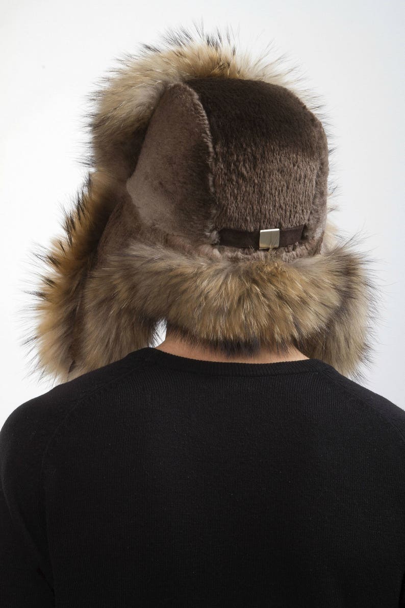 Raccoon and Sheared Beaver Fur Trapper Hat For a Men's Regular size Aviator Hat 22.5 23' Inch image 3