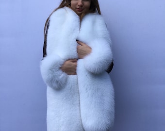 King Size Double-Sided Arctic Fox Fur Stole 78' + Four Tails as Wristbands