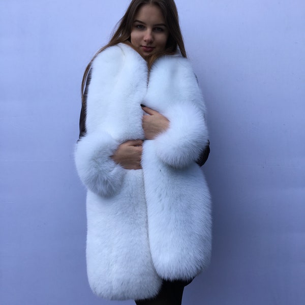 King Size Double-Sided Arctic Fox Fur Stole 78' + Four Tails as Wristbands