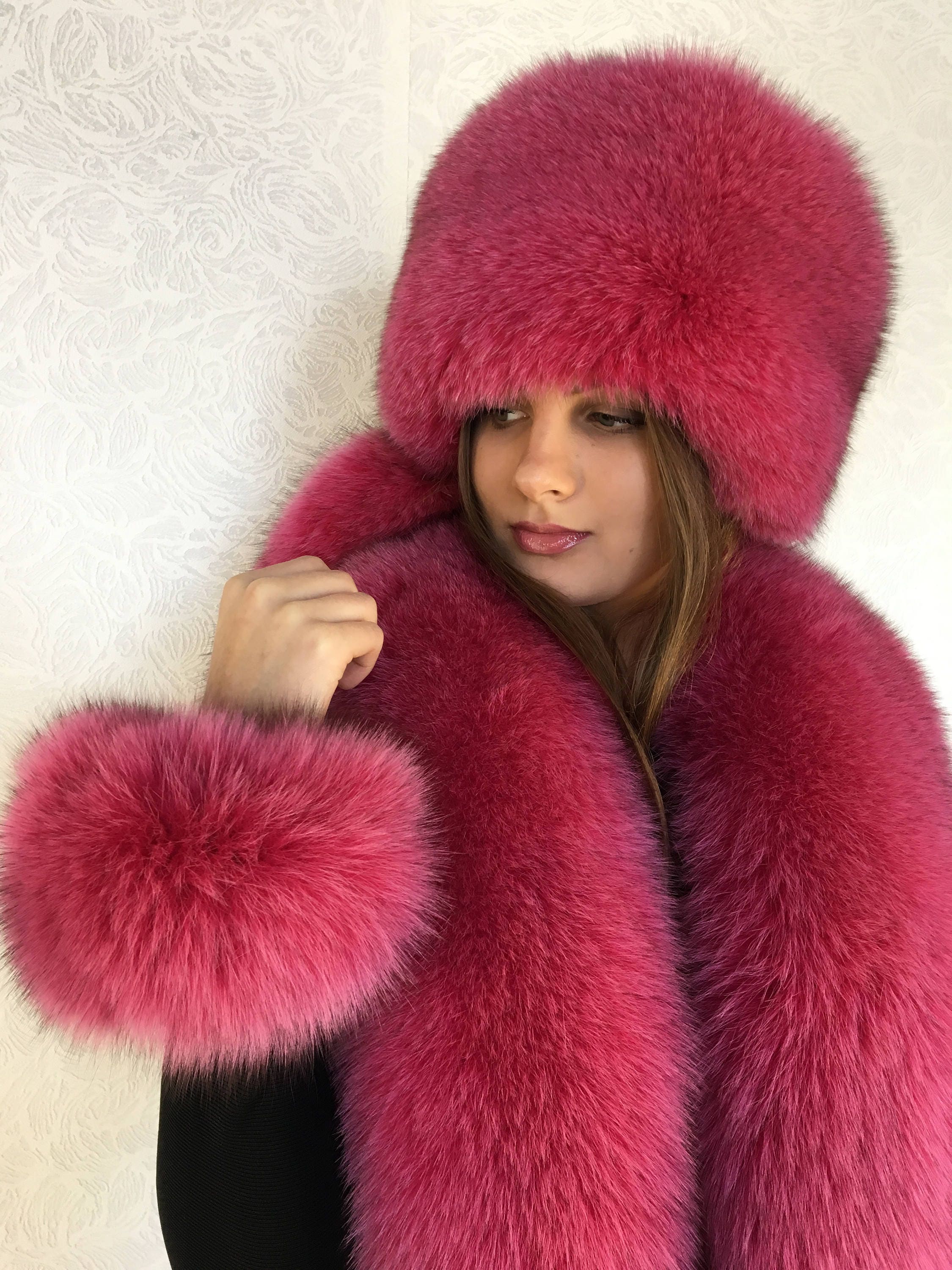 Fox Fur Collar 50' Full Fur Hat Raspberry Pink Fur Set Etsy