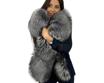 Big Silver Fox Fur Stole 70' (180cm) Natural Silver Color Fur Collar Saga Furs Big Scarf Fur Boa