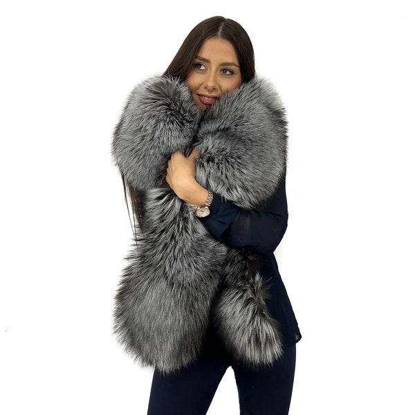 Big Silver Fox Fur Stole 70' (180cm) Natural Silver Color Fur Collar Saga Furs Big Scarf Fur Boa