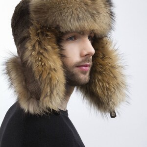 Raccoon and Sheared Beaver Fur Trapper Hat For a Men's Regular size Aviator Hat 22.5 23' Inch image 5