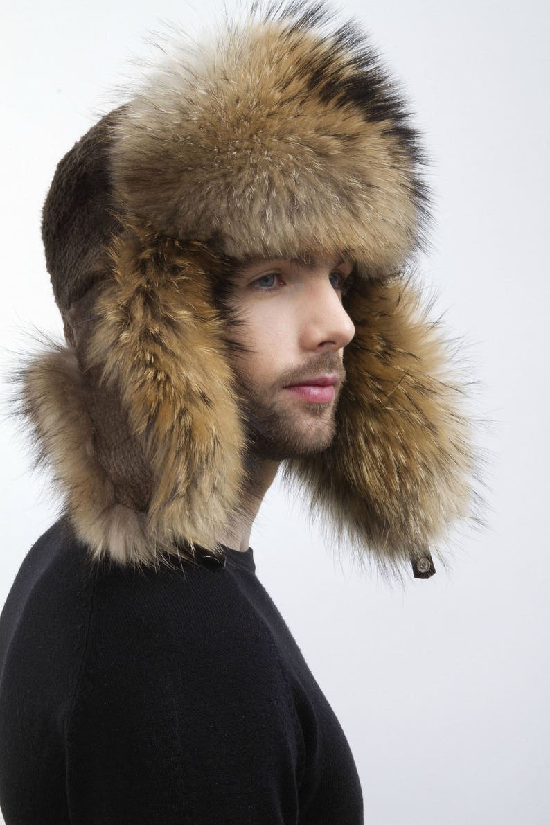 Raccoon and Sheared Beaver Fur Trapper Hat For a Men's Regular size Aviator Hat 22.5 23' Inch image 5