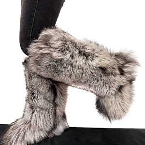 Double-sided Silver Fox Fur Boots for Outdoor Knee High Natural Colors ...