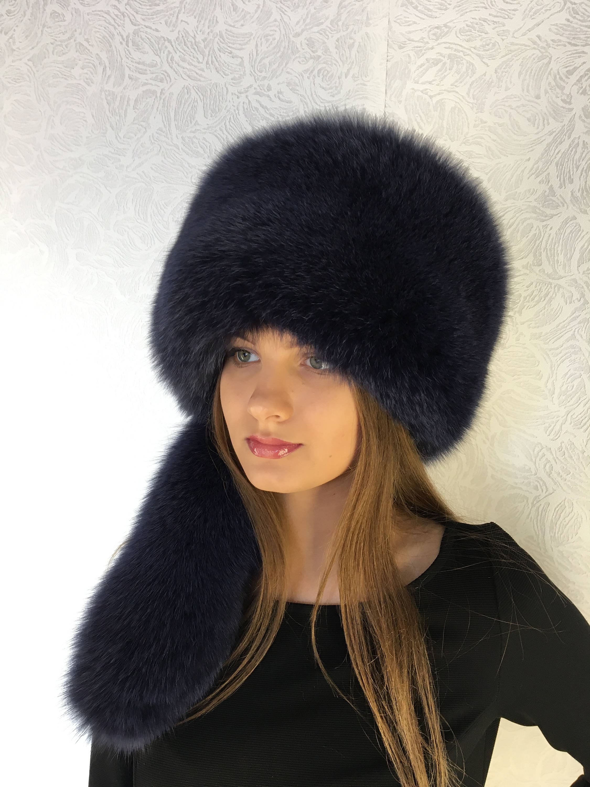 Blue Fox Fur Collar 50' Full Fur Hat Dark Blue Fur Set | Etsy