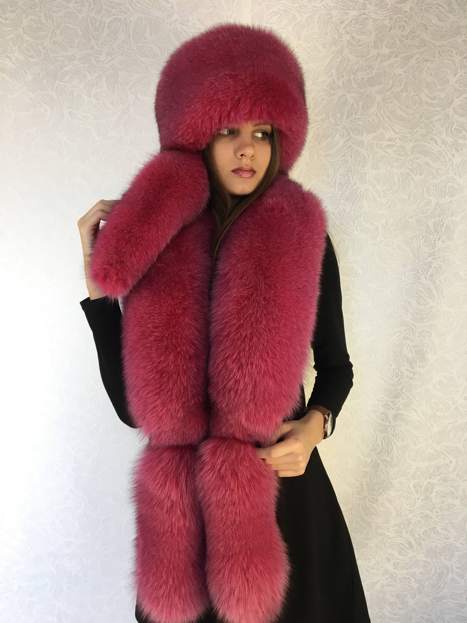 Fox Fur Collar 50' Full Fur Hat Raspberry Pink Fur Set | Etsy