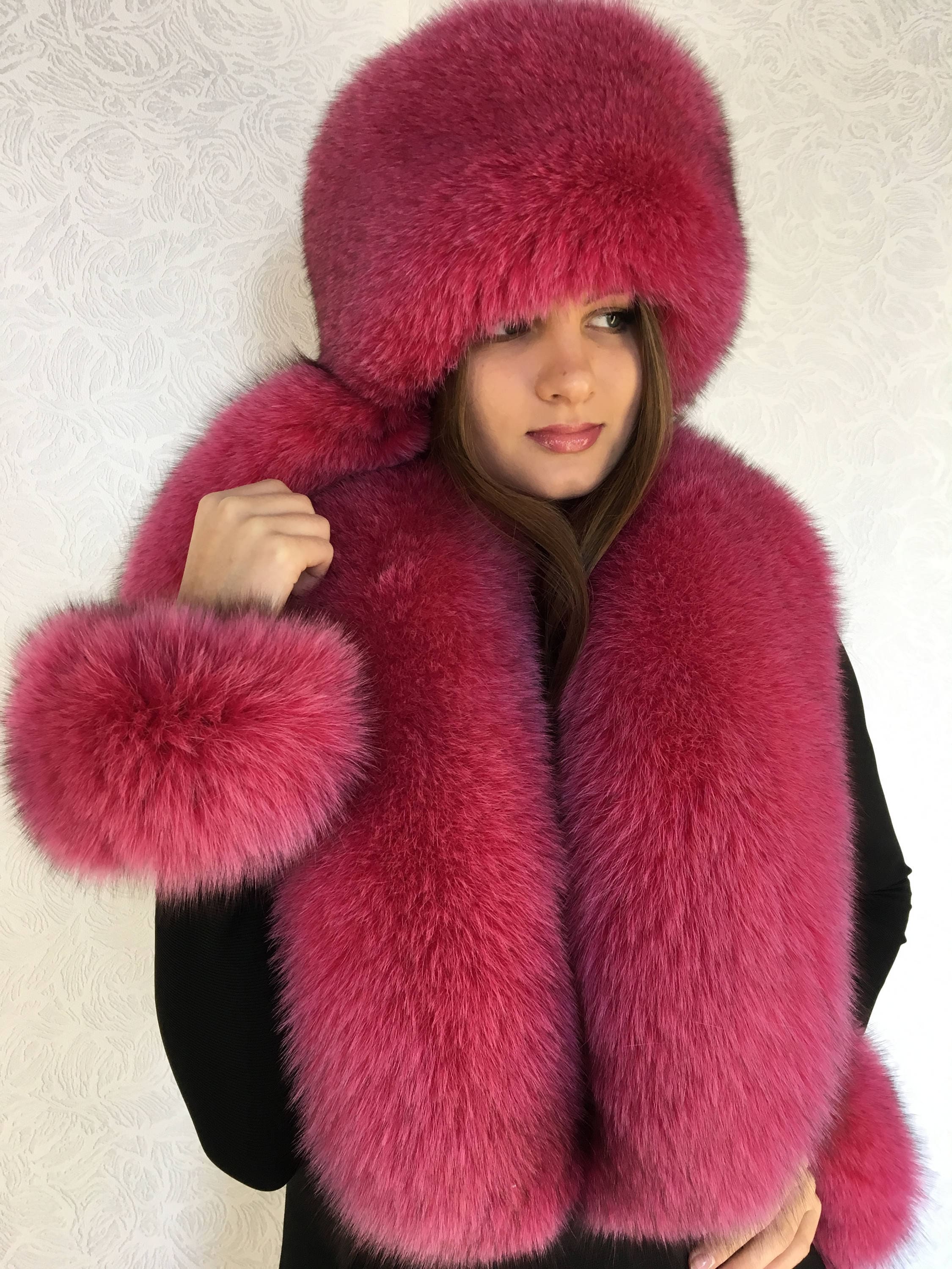 Fox Fur Collar 50' Full Fur Hat Raspberry Pink Fur Set - Etsy