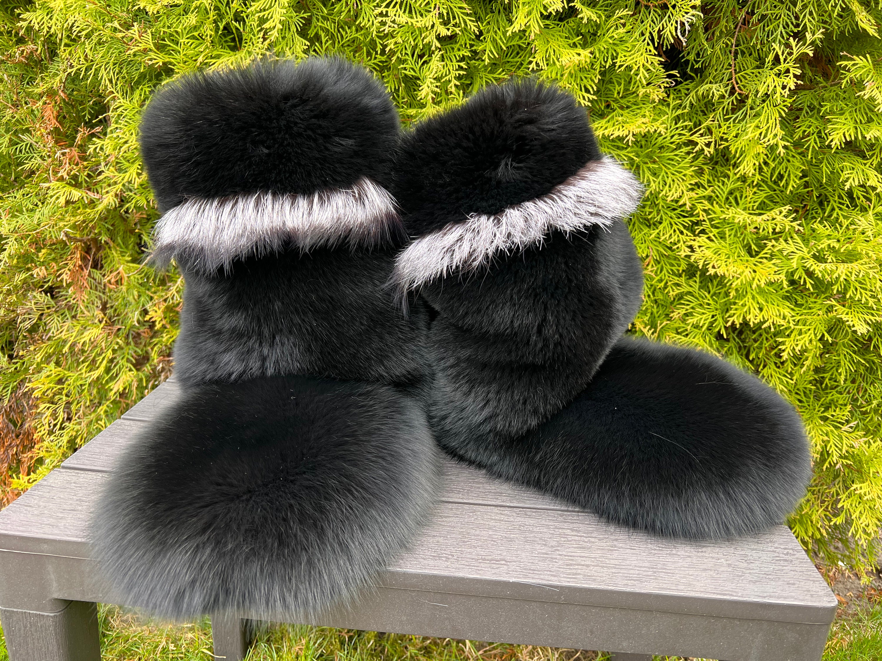 Double sided Fox Fur Boots for Outdoor Big Foot Boots Jet Black