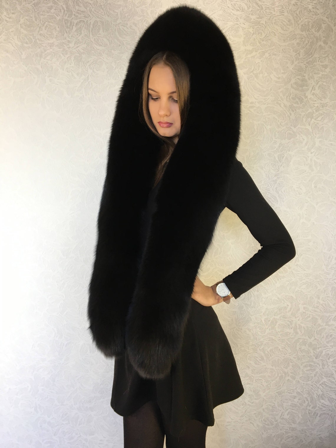 Unique All Fur Jet Black Fox Fur Hooded Stole 70' Hood and | Etsy