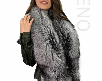 Silver Fox Fur Stole 63' (160cm) Natural Silver Color Fur Collar Saga Furs Big Scarf Boa