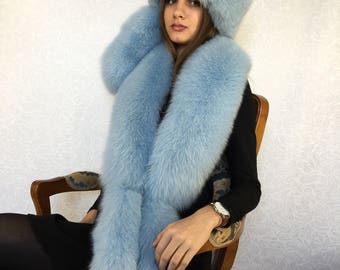 Arctic Fox Fur Collar 50' Full Fur Hat Light Blue Fur Set Three Fur Tails Boa and Hat
