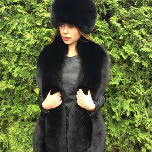 Double-Sided Black Fox Fur Stole 70' And Full Fur Hat Set Saga Furs 画像 2